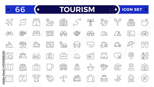 Travel and tourism outline icon set. Airplane, trip, beach, passport, summer vacations, luggage, camping, hotel. Collection of traveling and tourism elements.