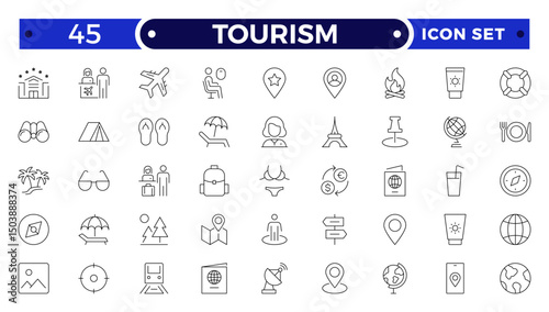Travel and tourism outline icon set. Airplane, trip, beach, passport, summer vacations, luggage, camping, hotel. Collection of traveling and tourism elements.