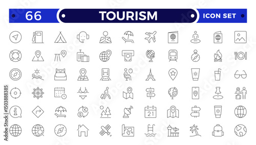 Travel and tourism outline icon set. Airplane, trip, beach, passport, summer vacations, luggage, camping, hotel. Collection of traveling and tourism elements.