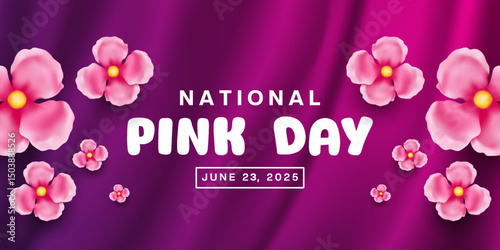 23 June Is National Pink Day. Fabric and flower. Suitable for posters, banners and social media. Pink background.