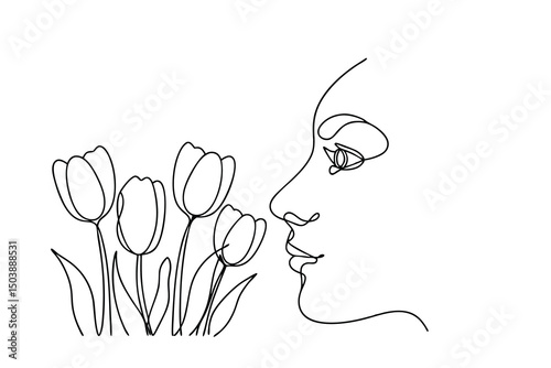 Woman smelling tulips continuous line art drawing