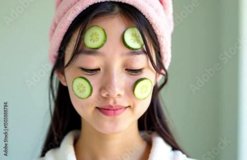 young woman with mask, Relaxed Skincare Routine with Cucumber Slices
