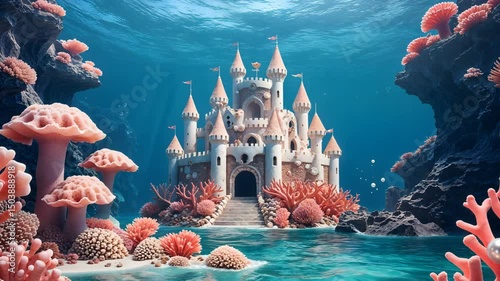 Enchanting underwater castle surrounded by vibrant coral reefs and sparkling light rays beneath the ocean