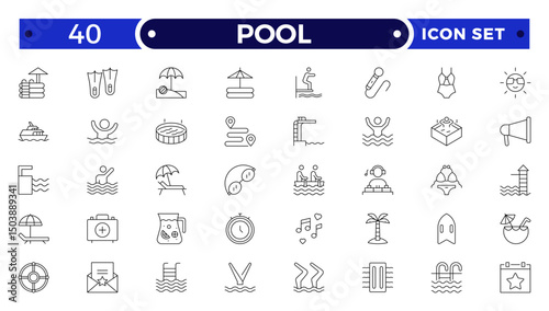 Pool Outline Icon Set. Swimming, Recreation, Water, Beach, Vacation, Summer Fun, Swim Gear, Umbrella, Goggles, Poolside Relaxation, Sports, Liquid, Waves, Leisure, Holiday.