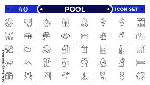 Pool Outline Icon Set. Swimming, Recreation, Water, Beach, Vacation, Summer Fun, Swim Gear, Umbrella, Goggles, Poolside Relaxation, Sports, Liquid, Waves, Leisure, Holiday.