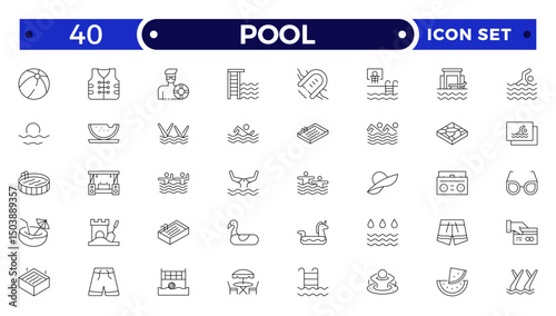 Pool Outline Icon Set. Swimming, Recreation, Water, Beach, Vacation, Summer Fun, Swim Gear, Umbrella, Goggles, Poolside Relaxation, Sports, Liquid, Waves, Leisure, Holiday.