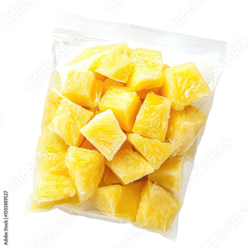 Frozen Pineapple Pieces In Vacuum Sealed plastic bag isolated on a transparent background