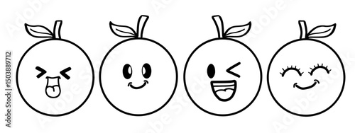 Hand drawn funny happy orange fruit characters bundle set. Doodle style traditional cartoon. Sketch style funny fruit, joyful orange doodles