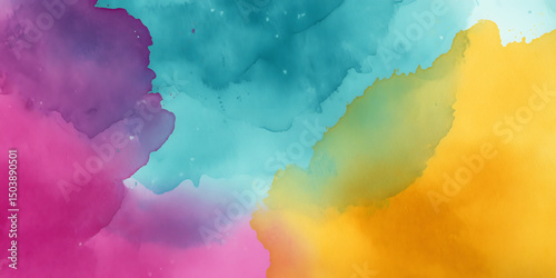 Vibrant Watercolor Splash Background with Turquoise, Magenta, and Sunflower Yellow Strokes

