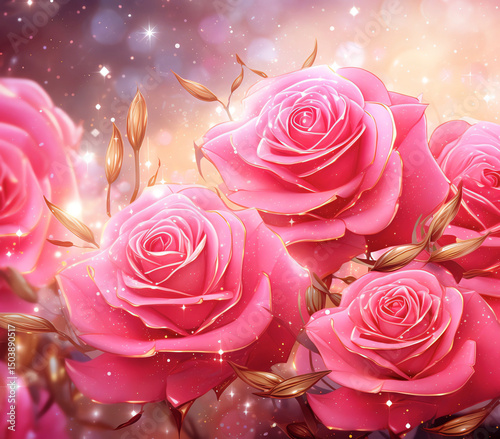 A bouquet of pink roses with gold accents