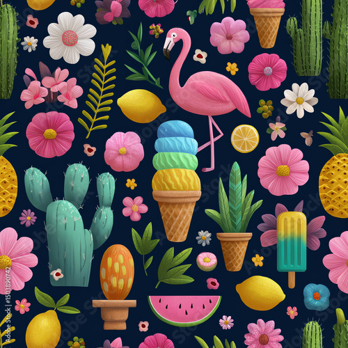 A colorful pattern of flowers, fruits, and plants