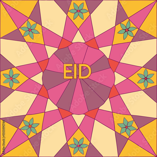 Vibrant Islamic ornament design featuring colorful tessellated patterns and festive Eid greetings, perfect for digital and print celebrations.