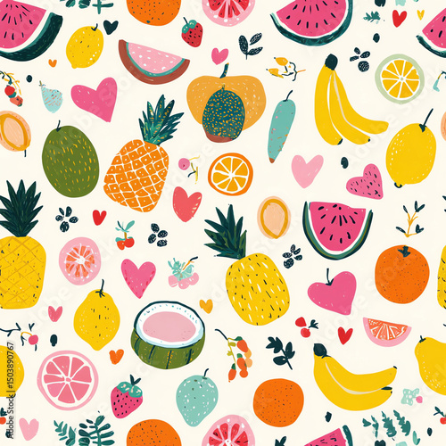 A colorful fruit pattern with hearts and bananas