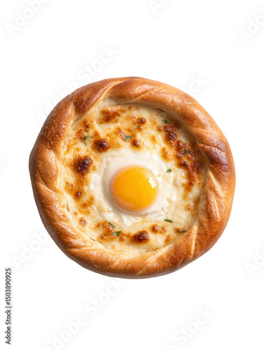 A freshly baked khachapuri adjaruli with a perfectly cooked egg and melting cheese is presented on a clean white background creating a delectable visual treat.
