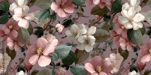 Seamless Floral Pattern with Delicate Blossoms and Leaves in Muted Tones

