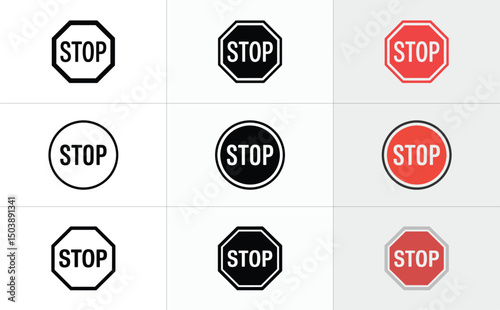 Stop Sign Collection Octagonal, Round Icon Set in Black and Red on White Surface