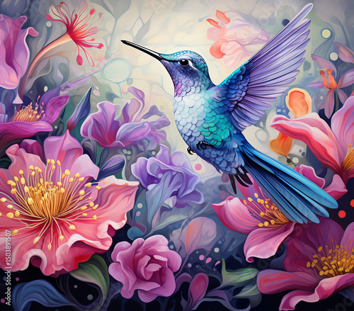 A hummingbird is flying over a field of flowers
