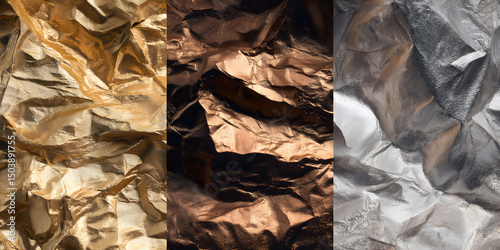 Abstract Metallic Foil Texture Background in Gold, Silver, and Bronze with Reflective Surfaces

