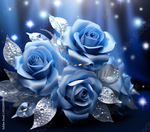 Three blue roses are on a table