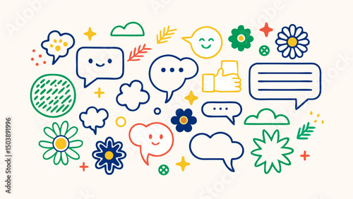 Colorful Speech Bubbles & Doodle Icon Set – Talk, Chat, Expression & Emotion Symbols