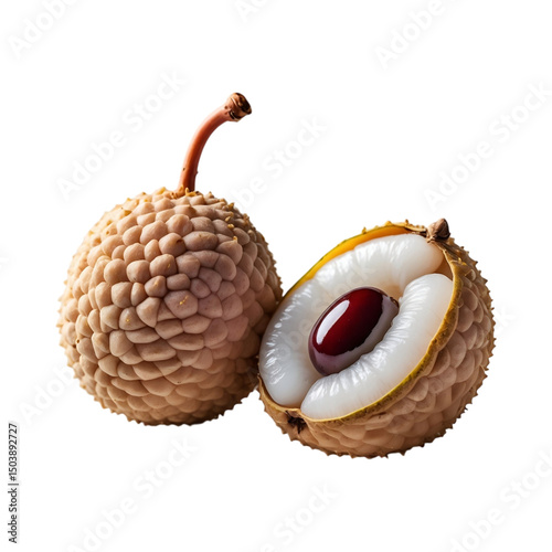 Lychee Fruit with Stem and Cut Open Showing Red Seed
