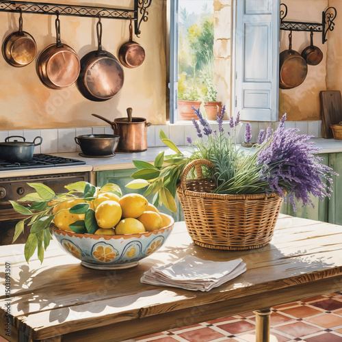 provence interior, watercolor , kitchen utensils on the table, Ai generated 