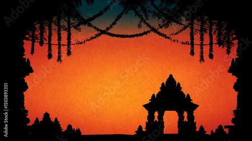 Jhulan Yatra Festival, temple archway silhouette, dusky sky with marigold color gradient photo