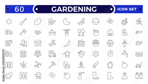 Gardening outline icon set. Containing plant, gardener, sprout, leaf, planting, seedling, shovel, watering can, rake, cultivation and more.