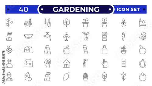 Gardening outline icon set. Containing plant, gardener, sprout, leaf, planting, seedling, shovel, watering can, rake, cultivation and more.