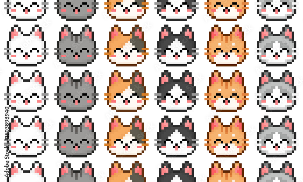Obraz premium 猫 ドット絵 シームレスパターン イラスト