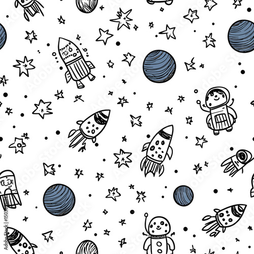 Seamless hand drawn space pattern with rockets planets astronaut stars doodle style children fabric wallpaper vector illustration