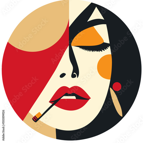 Abstract minimalist portrait of woman applying red lipstick with vintage style in flat vector design circle frame illustration