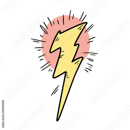 Hand drawn yellow lightning bolt icon with red circular background and comic doodle energy burst effect flat vector illustration for power and electricity concept