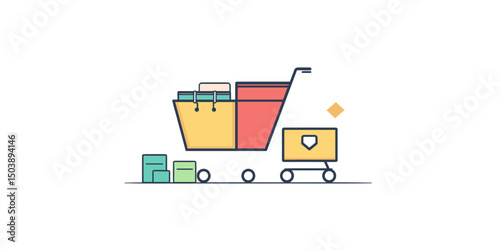 Minimalist flat vector illustration of shopping carts filled with colorful packages and boxes representing online shopping and e-commerce concept