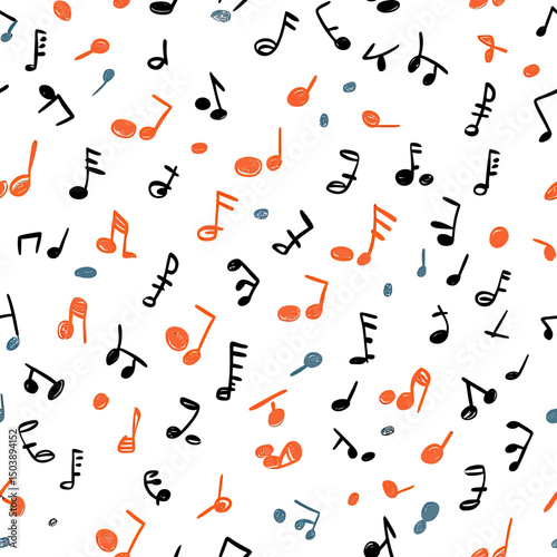 Seamless hand drawn musical notes pattern with colorful orange black and blue flat sketch style on white background for music design and decoration fabrics wallpaper and digital use