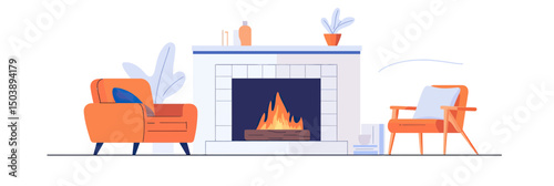 Cozy living room interior with minimalist modern fireplace featuring warm flames, armchair, wooden chair, decorative plant, and books in flat vector style