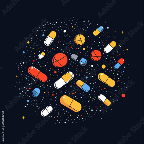 Abstract cosmic medicine capsule and pill constellation with stars and dots on dark background health care and pharmaceutical concept vector illustration