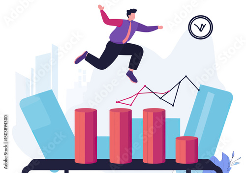 Businessman jumping over bar graph chart rising finance success economic growth recovery profit increase opportunity flat vector illustration