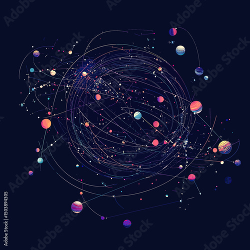 Abstract cosmic network with colorful planets, orbital paths, and constellation star connections on dark space background for science and technology concept design