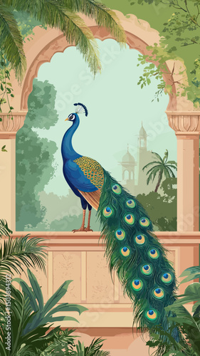 Colorful peacock standing on ornate arch balcony surrounded by tropical plants and distant palace towers in lush garden landscape vector illustration