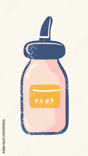 Vintage style hand drawn baby bottle illustration with nipple in soft pastel colors textured flat vector design for infant feeding concept