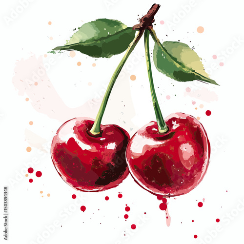 Watercolor style illustration of two ripe red cherries with green leaves and stems on light background with paint splashes and drops in flat minimalist vector design