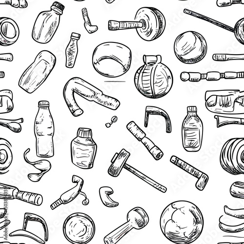 Hand Drawn Fitness Equipment Seamless Pattern with Dumbbells Water Bottles Medicine Balls and Resistance Bands for Gym and Workout Background Design