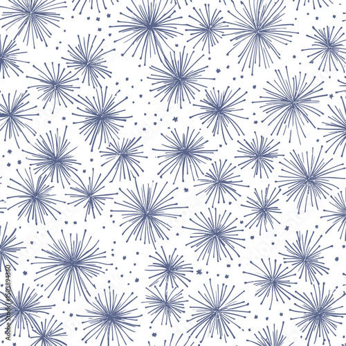 Seamless blue fireworks pattern with scattered stars on white background festive celebration illustration vector design for holiday decoration or party themes
