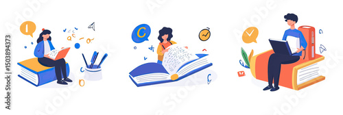 Students studying and preparing for exams with books and laptops in flat minimalist education concept illustration set