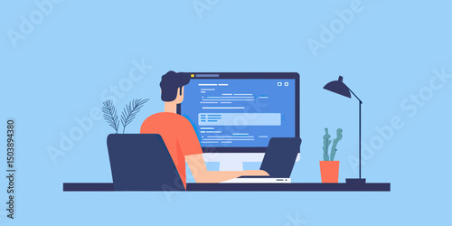 Programmer working on laptop and desktop computer coding software development with modern workspace and minimalistic design flat vector illustration