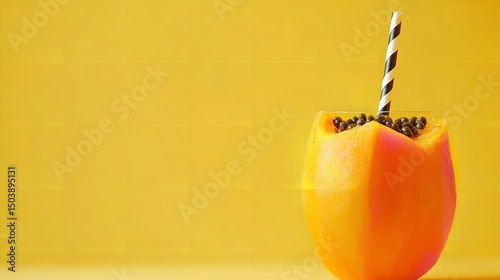 A pale yellow setting depicting a stripey vivid straw and a cozy juicy papaya cut depicts fruit spirits and warm joy delish food, Generative AI.