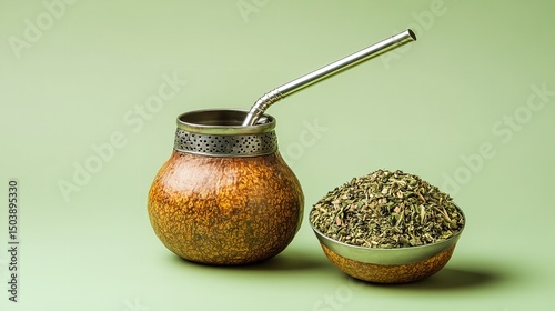 Lovely mate tea in classic calabash gourd with herbs over metal straw over pale green setting depicting herbal remedies and safe, Generative AI.