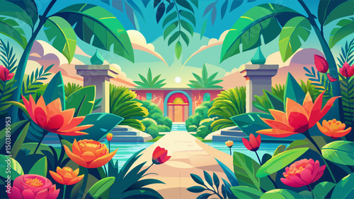 A calm floral paradise with bright petals and shaded green corners