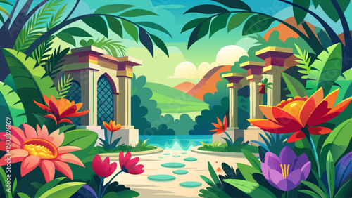 A calm floral paradise with bright petals and shaded green corners